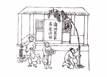 Tranh “Dựng nêu ngày Tết” trong cuốn sách Kỹ thuật của người An Nam của Henri Oger