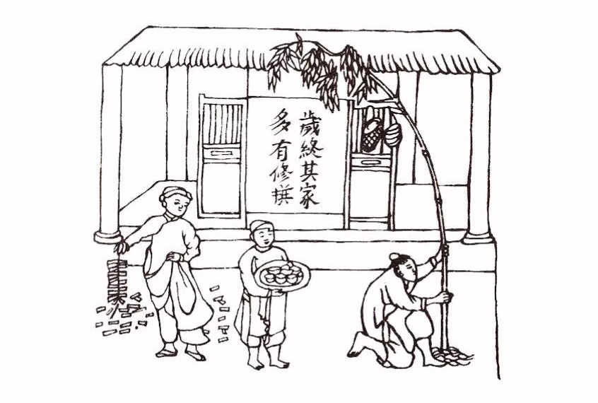 Tranh “Dựng nêu ngày Tết” trong cuốn sách Kỹ thuật của người An Nam của Henri Oger